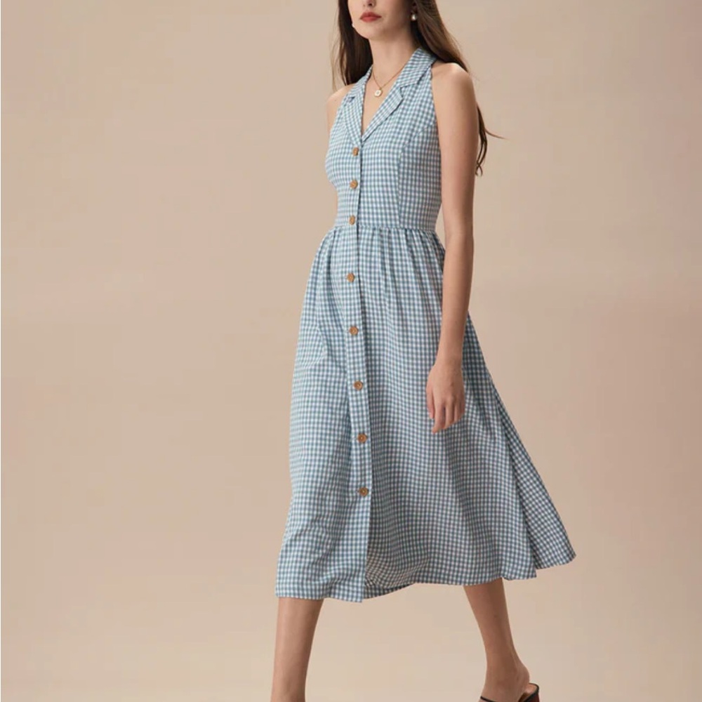 Rihoas Blue Lapel Plaid Sleeveless Shirt Midi Dress